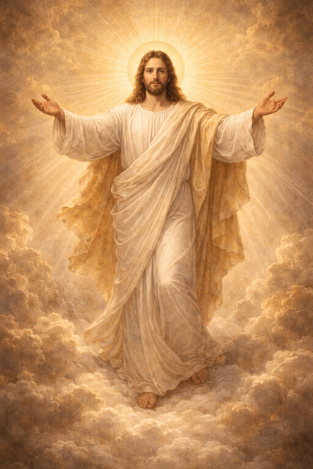 Yesu wallpaper HD — Jesus Christ (Yesu Prabhu) with arms outstretched in blessing, white robes, golden halo, standing on clouds — free download
