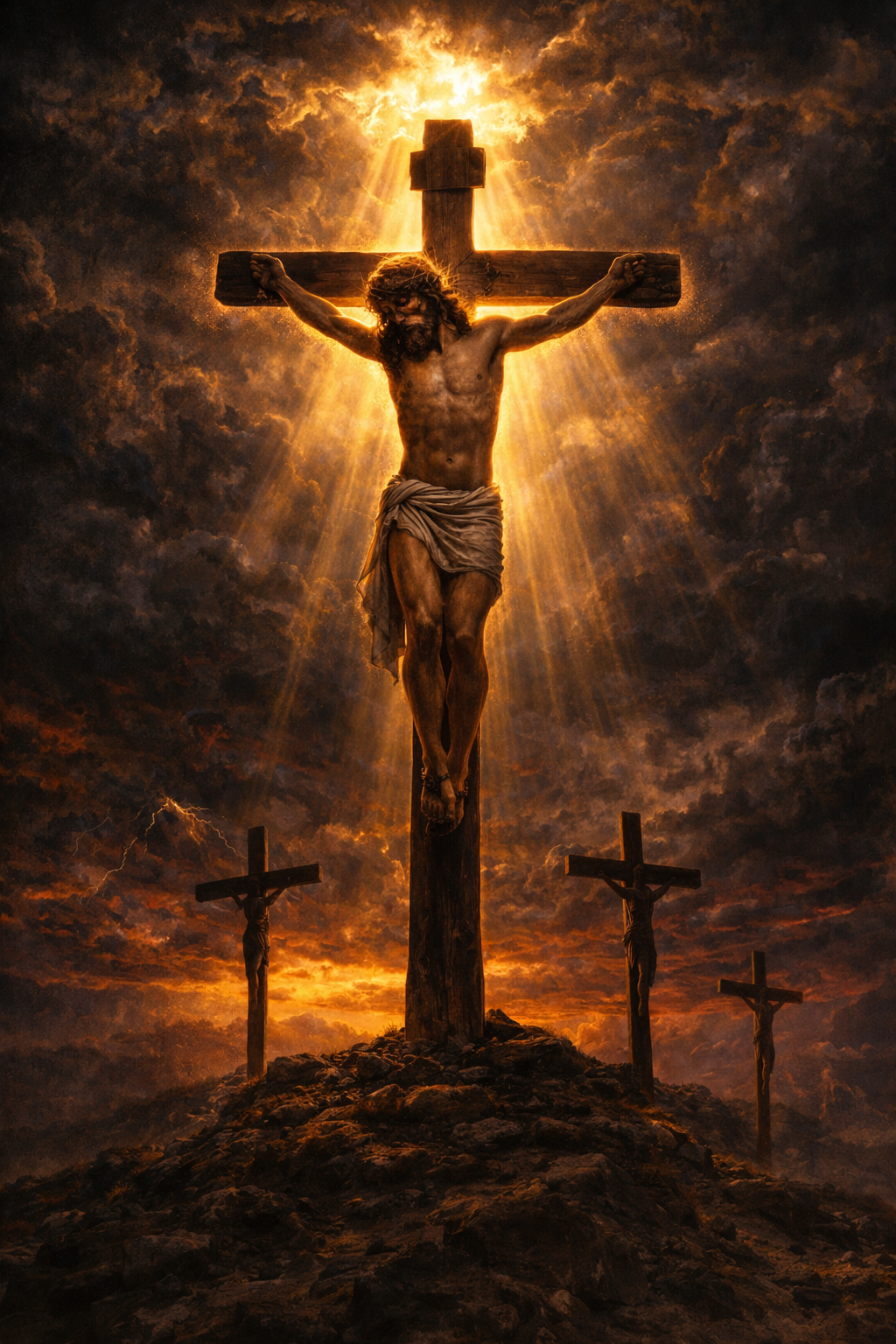 Yesu wallpaper HD — Jesus Christ on the cross, crucifixion scene with three crosses on Calvary, divine light through dark storm clouds — free download
