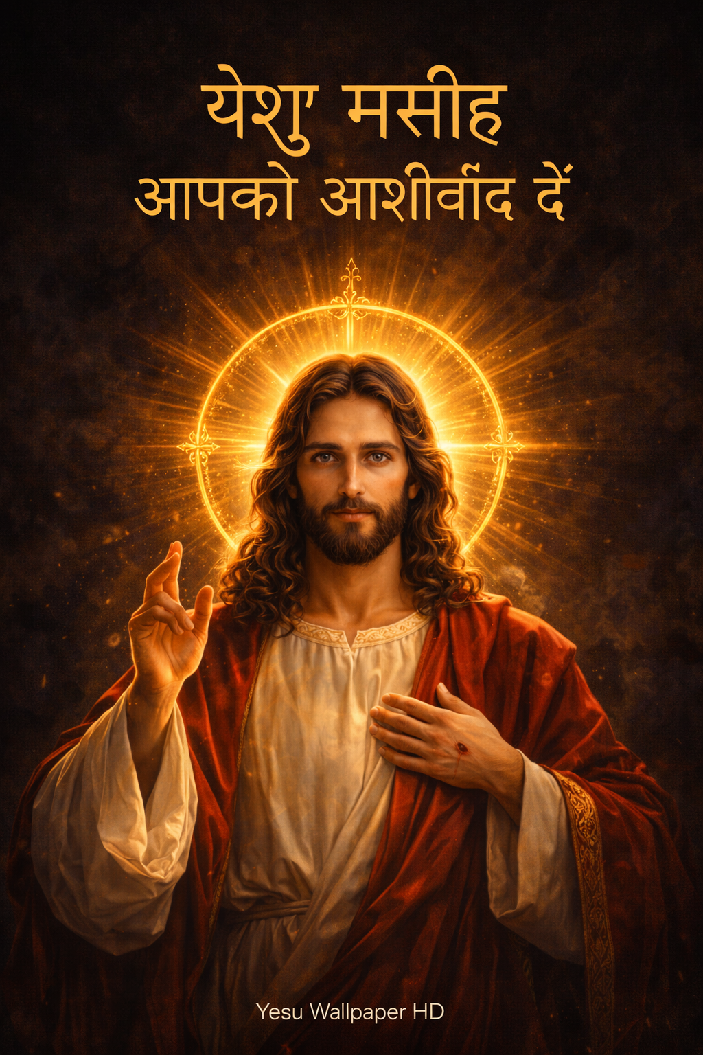 Yesu wallpaper HD — Jesus Christ (Yesu Masih) with divine halo in blessing pose, Hindi Devanagari text — vertical WhatsApp image