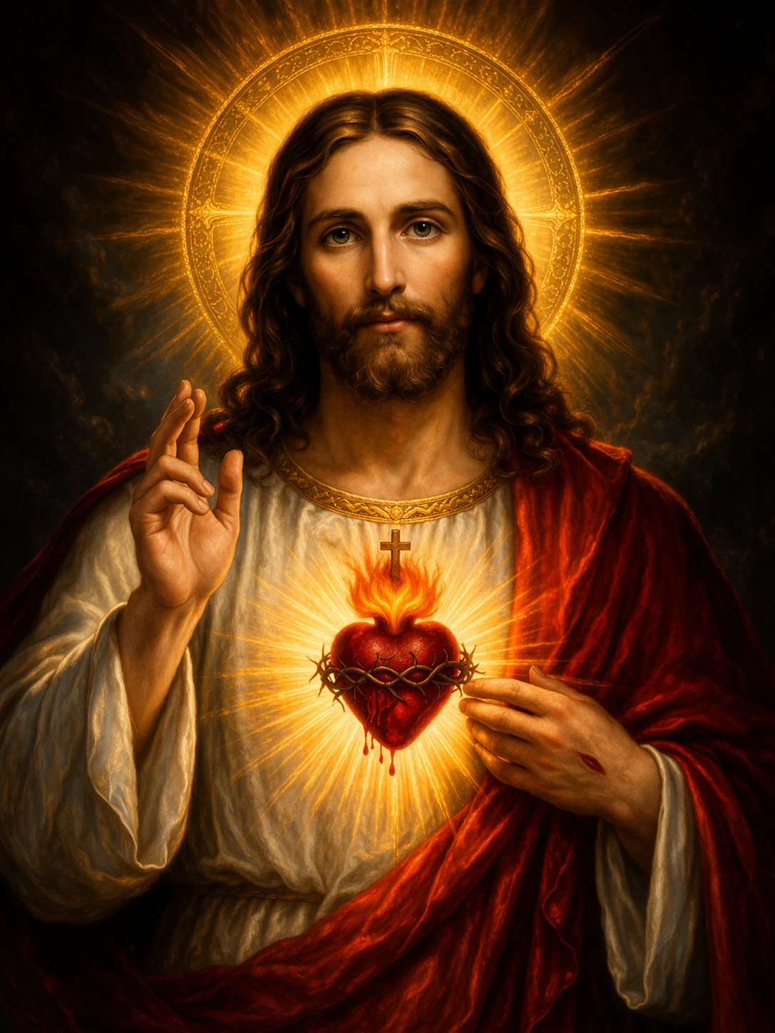 Yesu wallpaper — Sacred Heart of Jesus Christ in red and white robes, glowing heart with crown of thorns and flames — HD devotional wallpaper