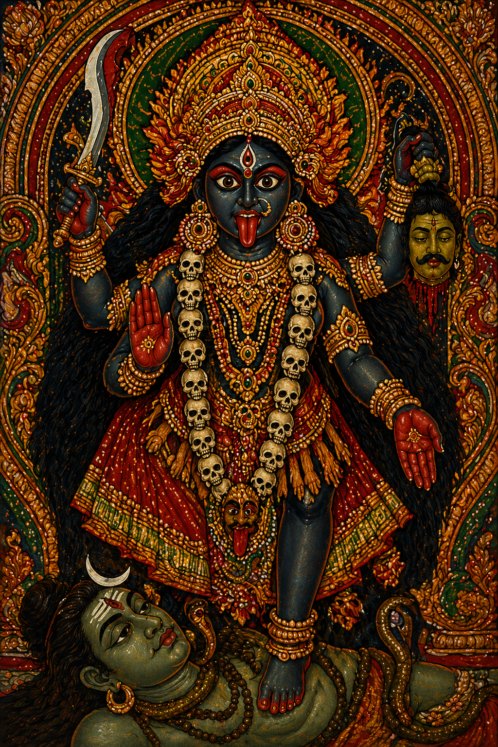 Bhadrakali in Kerala mural art tradition with elaborate golden ornaments, fierce eyes, vibrant colors