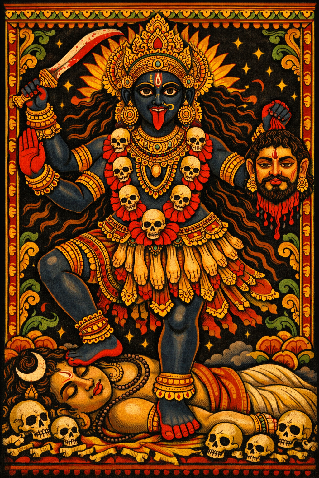 Bhadrakali goddess in traditional Kerala mural painting style with ornate golden crown, bold colors on dark background