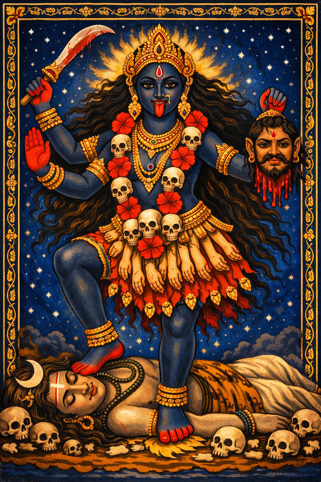 Goddess Kali in Bengali devotional art style with hibiscus garland, gold jewelry, night sky background