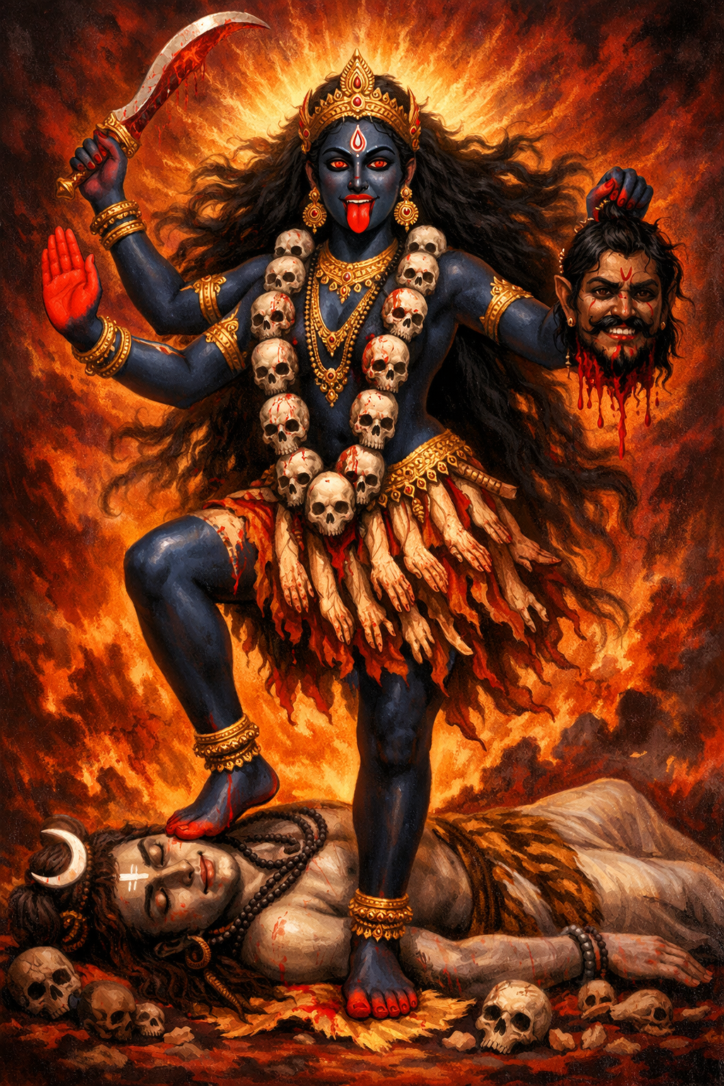 Fierce Goddess Kali with dark complexion, four arms with sword, standing on Shiva with divine energy radiating