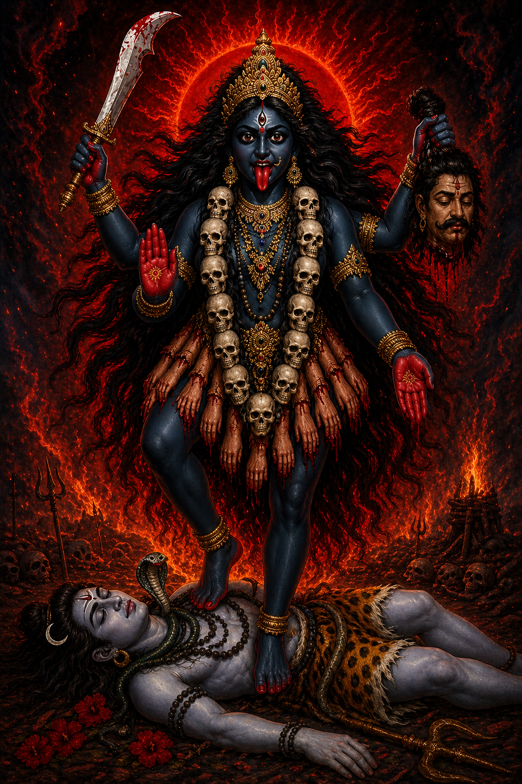 Goddess Kali in Dakshina Kali form with dark blue skin, red tongue, garland of skulls, standing on Lord Shiva, fiery background