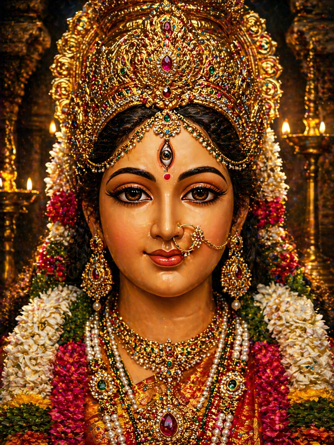Extreme close-up Kamakshi Amman face three eyes visible gold nose ring chain intricate crown flower garlands dark temple background -- kamakshi amman close up face portrait wallpaper