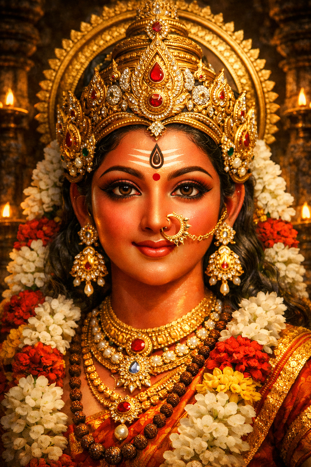 Kamakshi Amman close-up face moon nose ring crescent warmer tones ornate jewelry slightly wider framing divine gaze -- kamakshi amman divine face golden wallpaper