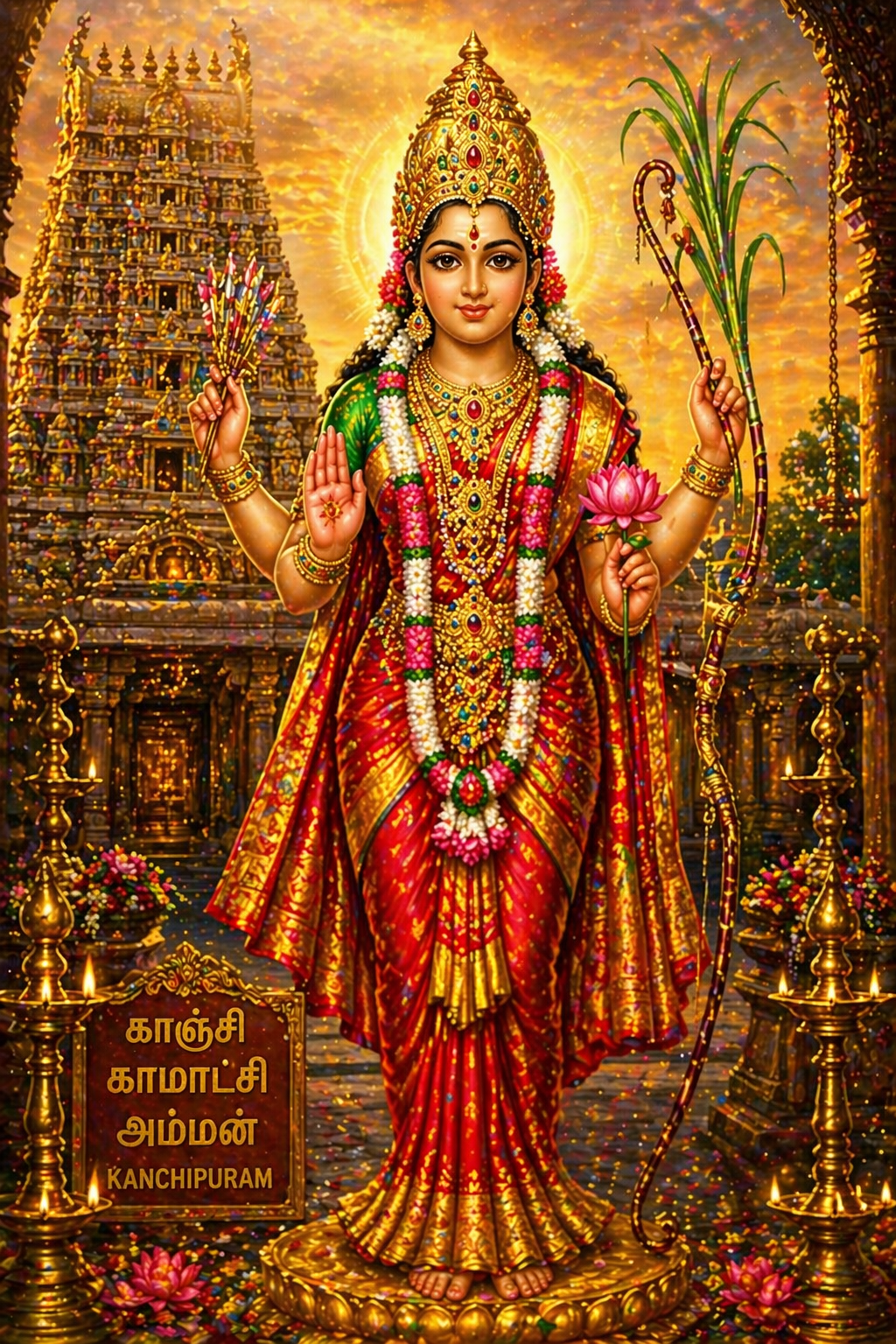 Kamakshi Amman -- Kanchipuram Temple Standing Four Arms HD Wallpaper