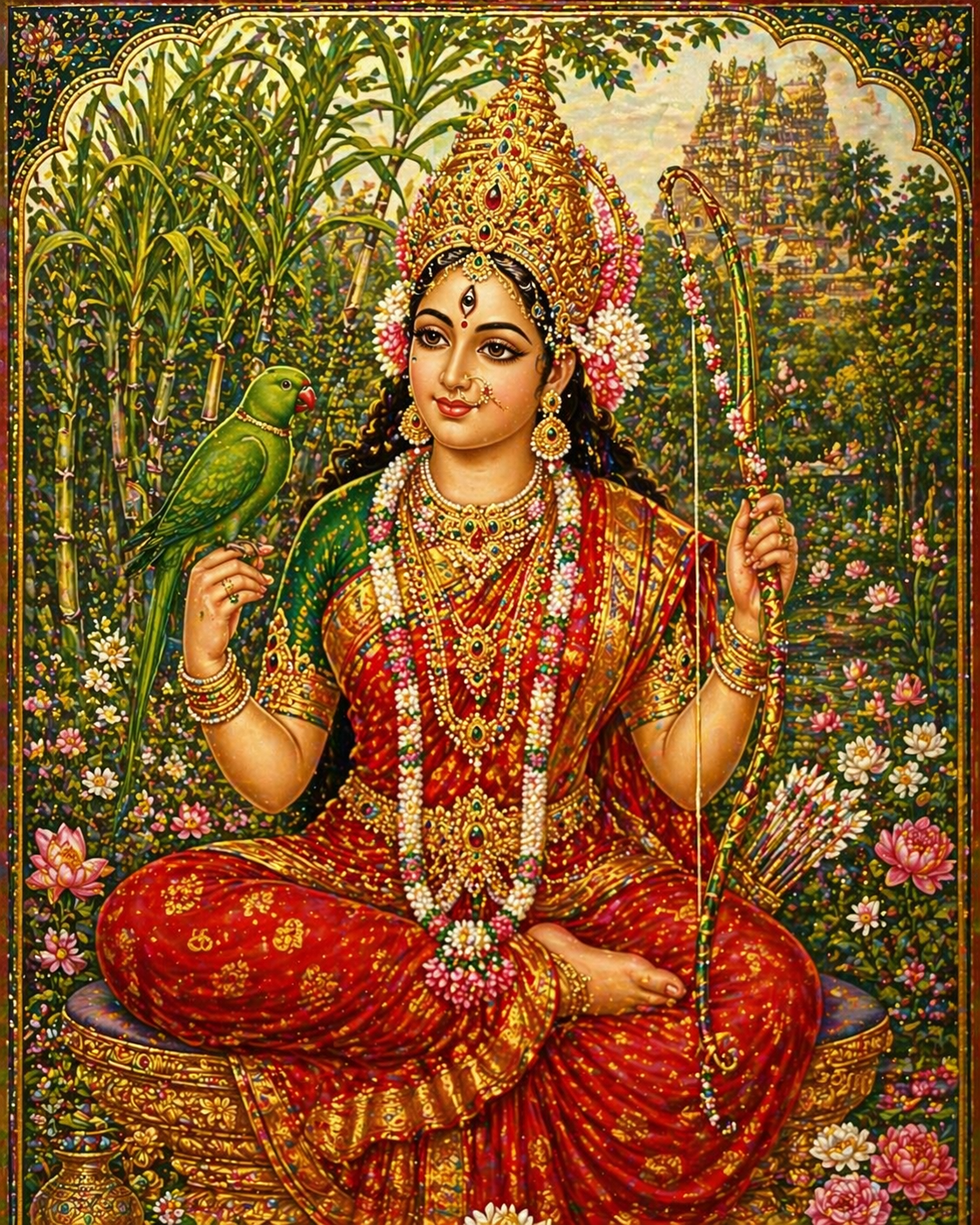 Kamakshi Amman -- Seated with Parrot Mughal Miniature Style HD Wallpaper