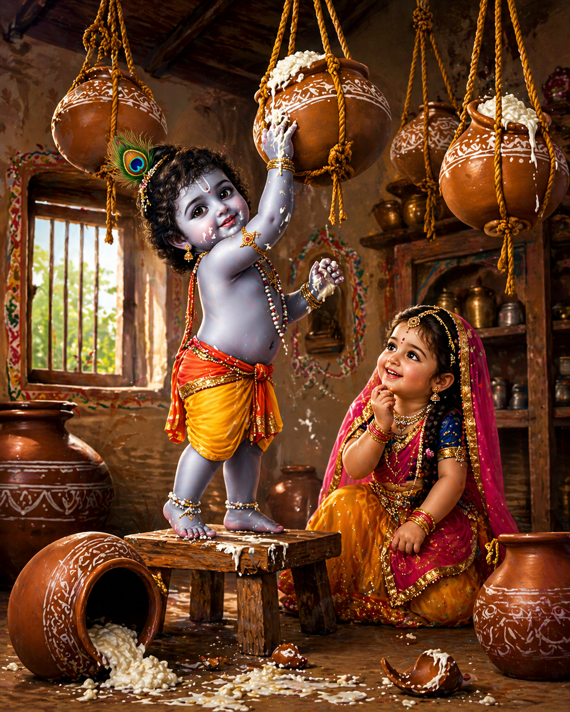 Baby Krishna reaching for butter pot while little Radha watches and laughs, traditional village kitchen scene