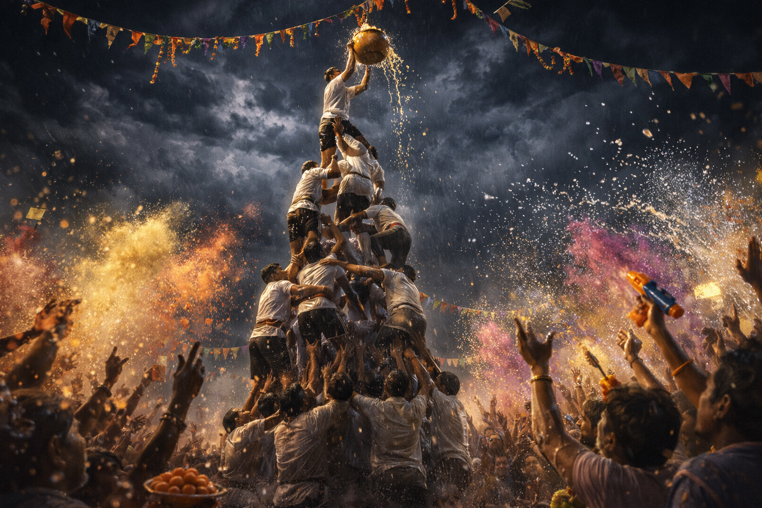 Massive human pyramid of young men in white clothes climbing to reach a clay pot of butter suspended on a rope, crowd cheering below, colorful festival atmosphere with powder and water splashes, dramatic upward angle -- Dahi Handi Janmashtami HD wallpaper