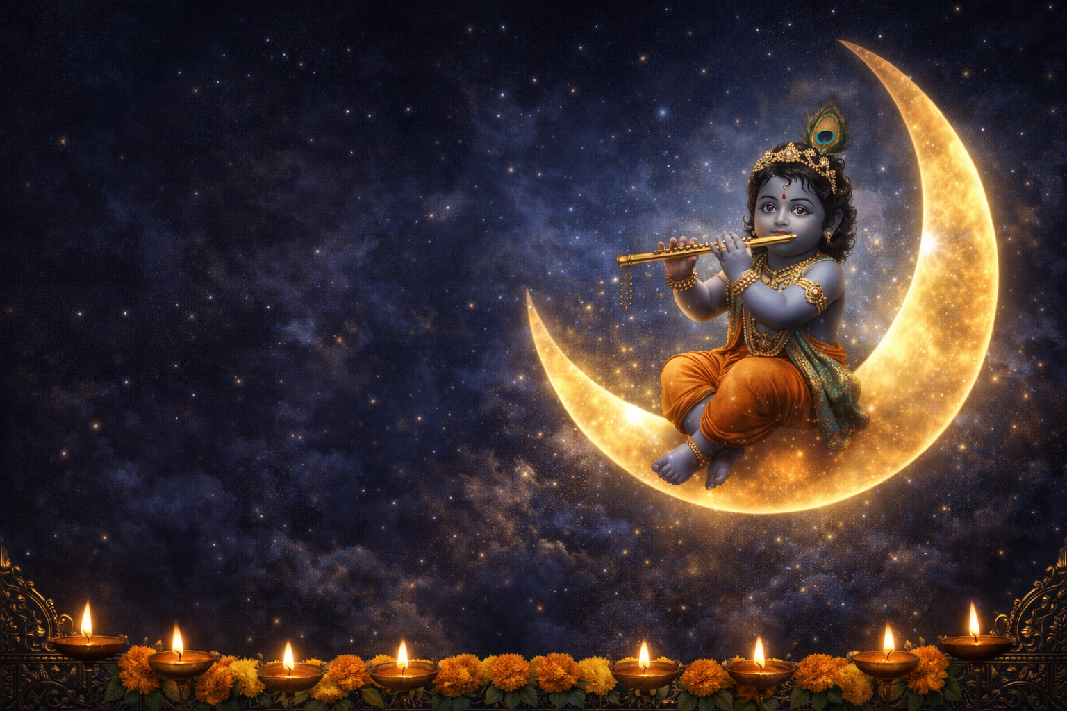 Baby Krishna playing flute while sitting on a crescent moon against deep midnight blue starry sky, peacock feather crown, golden ornaments, blue skin glowing softly, decorative border of marigold flowers and diyas at bottom -- Happy Janmashtami HD image