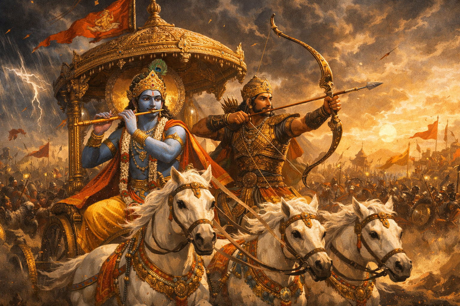 Lord Krishna as divine charioteer driving Arjuna chariot in Kurukshetra war with armies on both sides