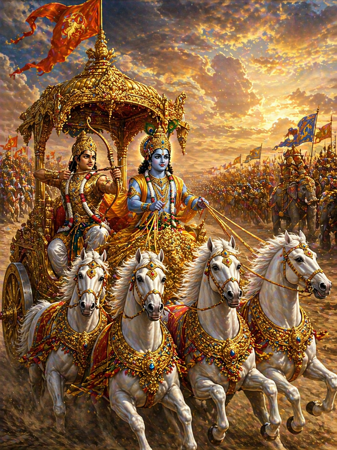 Krishna as divine charioteer on Arjuna chariot with Gandiva bow on Mahabharata battlefield