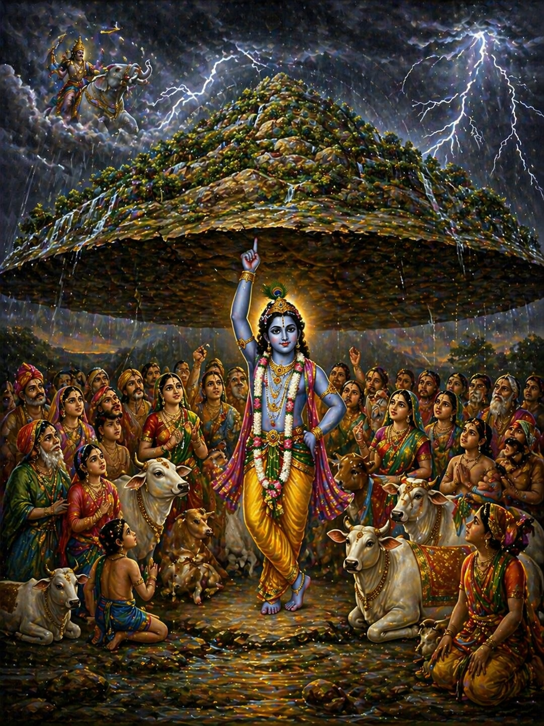 Krishna Govardhan Leela in classical Indian art style with mountain held on finger and villagers sheltering below