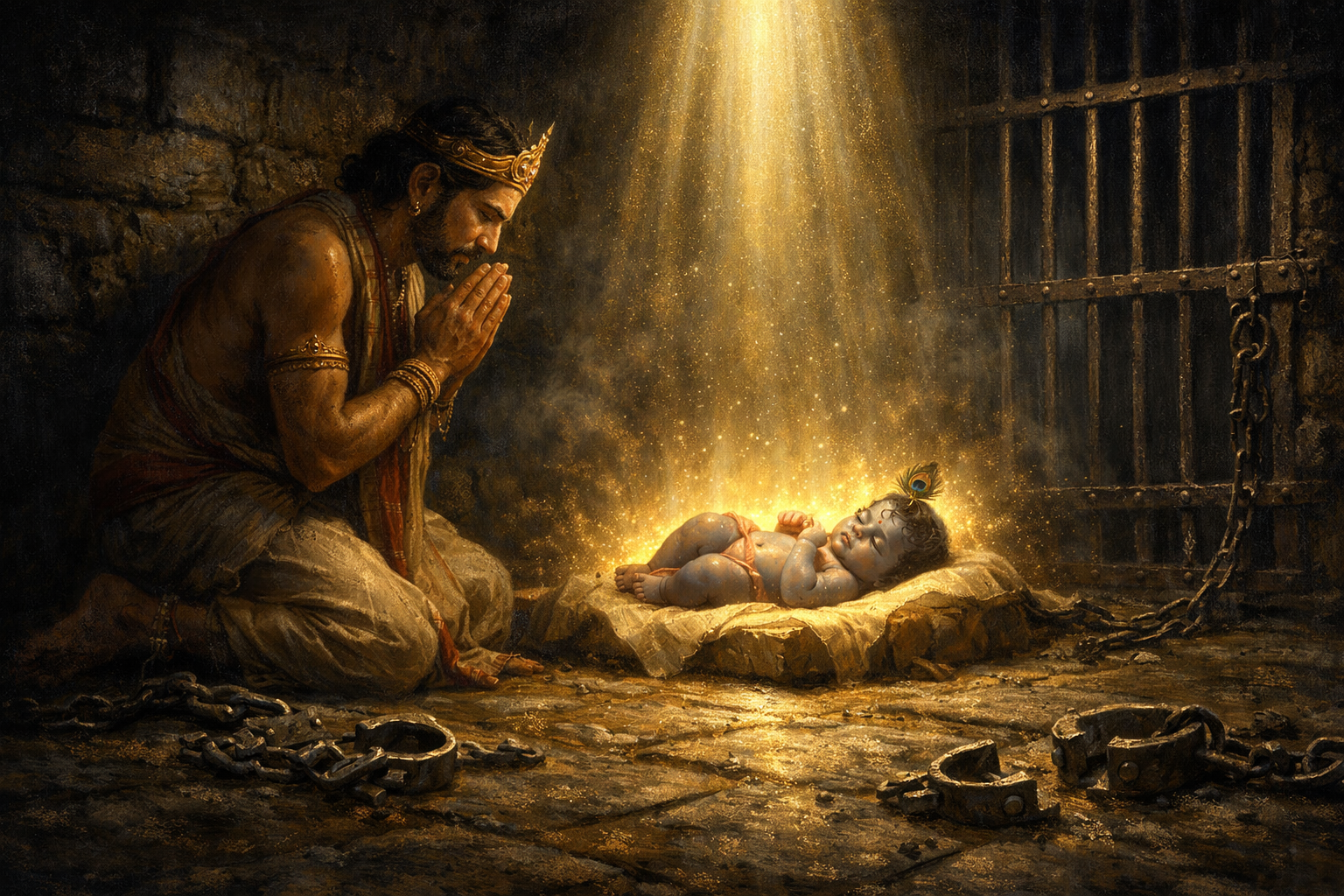 Newborn baby Krishna glowing with divine golden light in a dark prison cell at midnight, Vasudeva kneeling beside the radiant infant, broken chains on the ground, stone walls and iron bars, celestial light beam from above -- Janmashtami HD wallpaper
