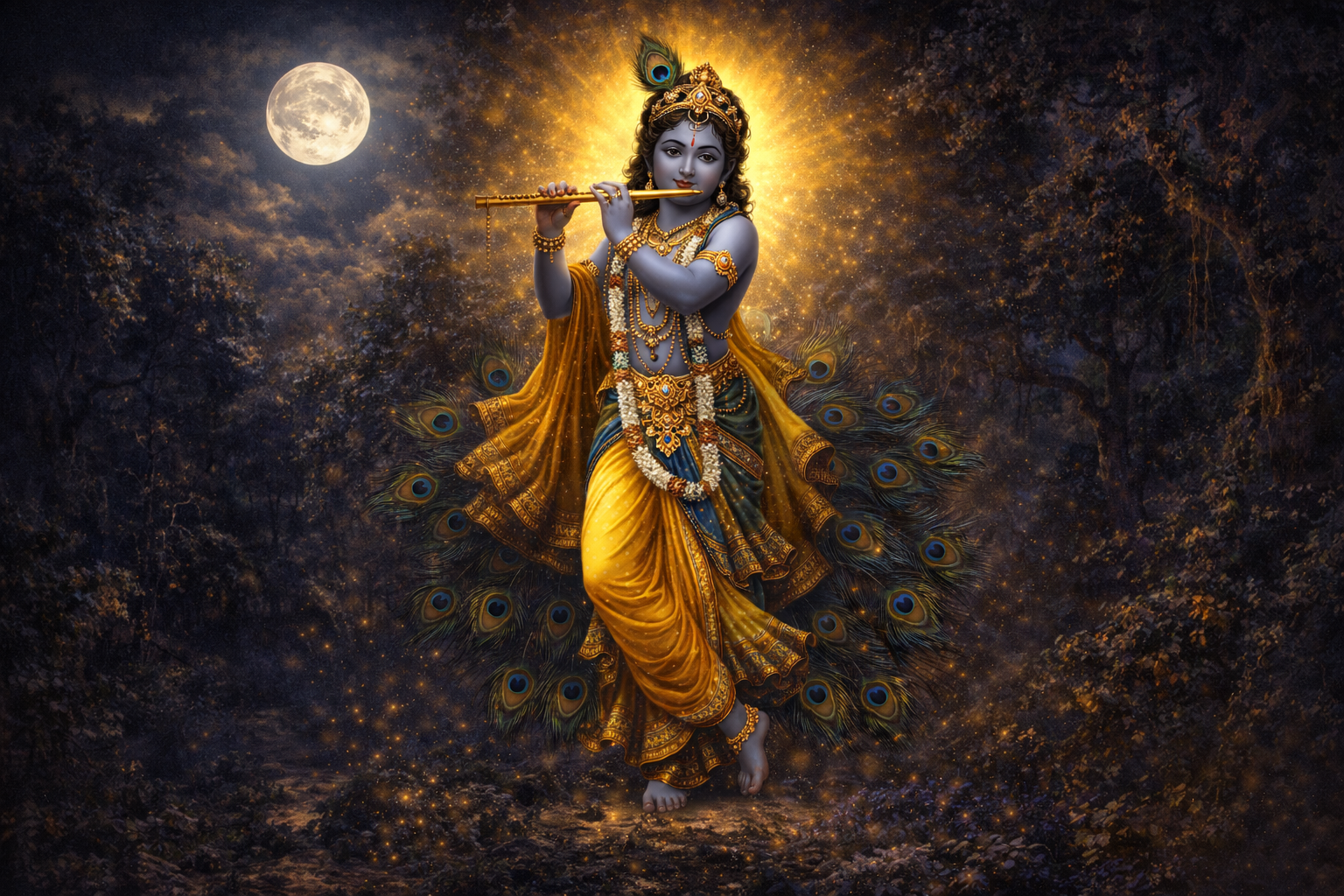 Lord Krishna standing in iconic tribhanga triple-bend pose playing the flute, golden divine aura, peacock feathers surrounding him, yellow silk dhoti, dark forest of Vrindavan in shadow behind, full moon above -- Janmashtami HD wallpaper