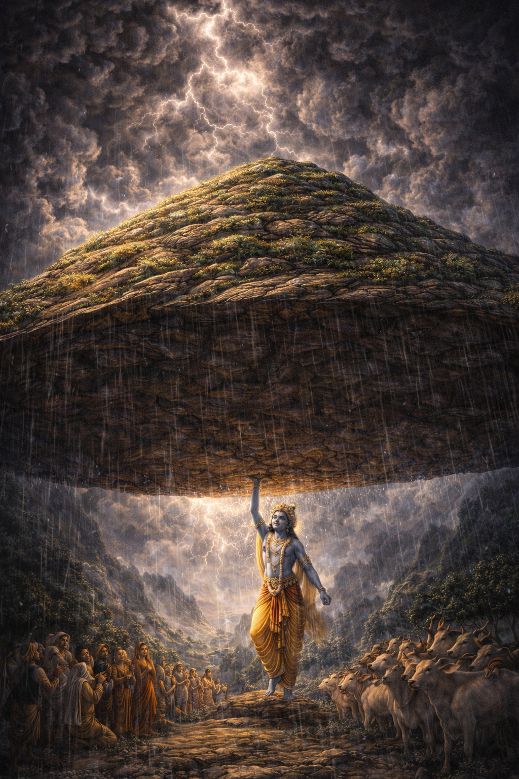 Krishna Lifting Govardhan -- HD Epic Wallpaper