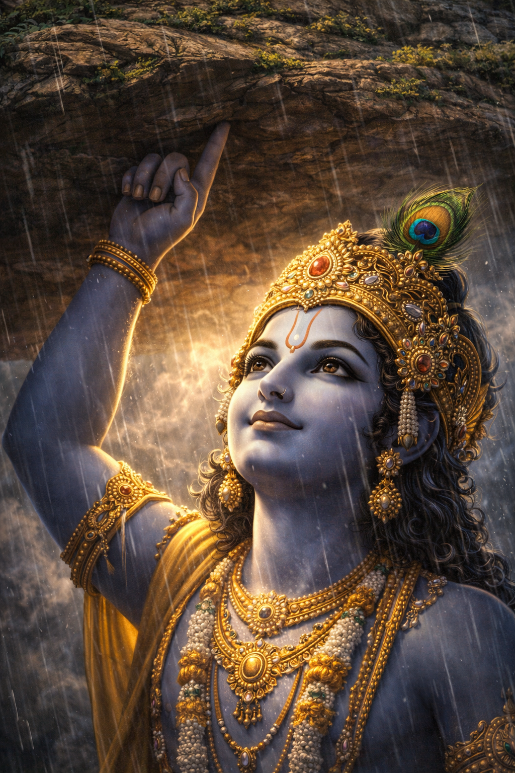 Krishna Lifting Govardhan Hill Art -- HD Devotional Wallpaper