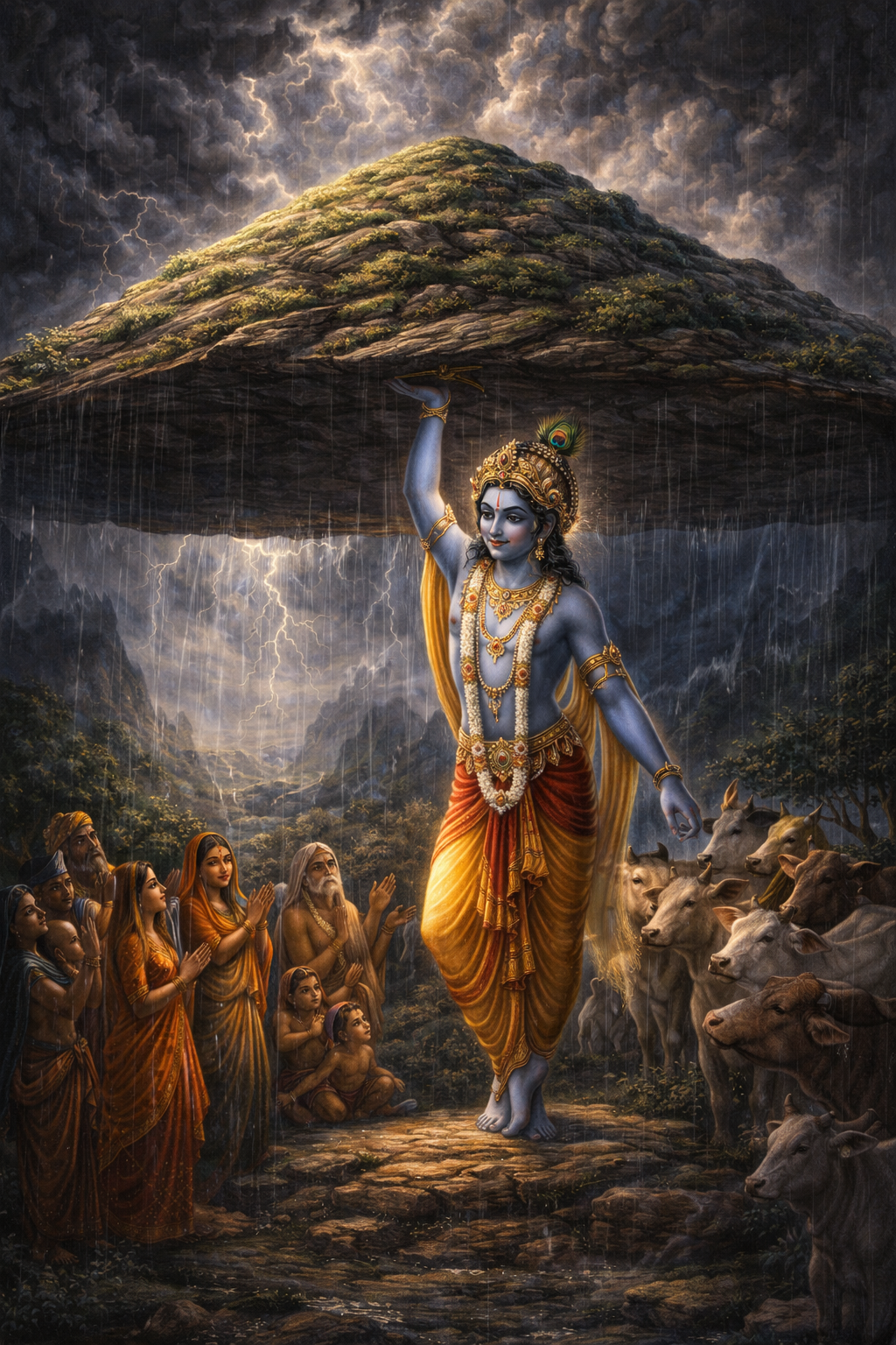 Krishna Lifting Govardhan Hill Painting -- HD Wallpaper