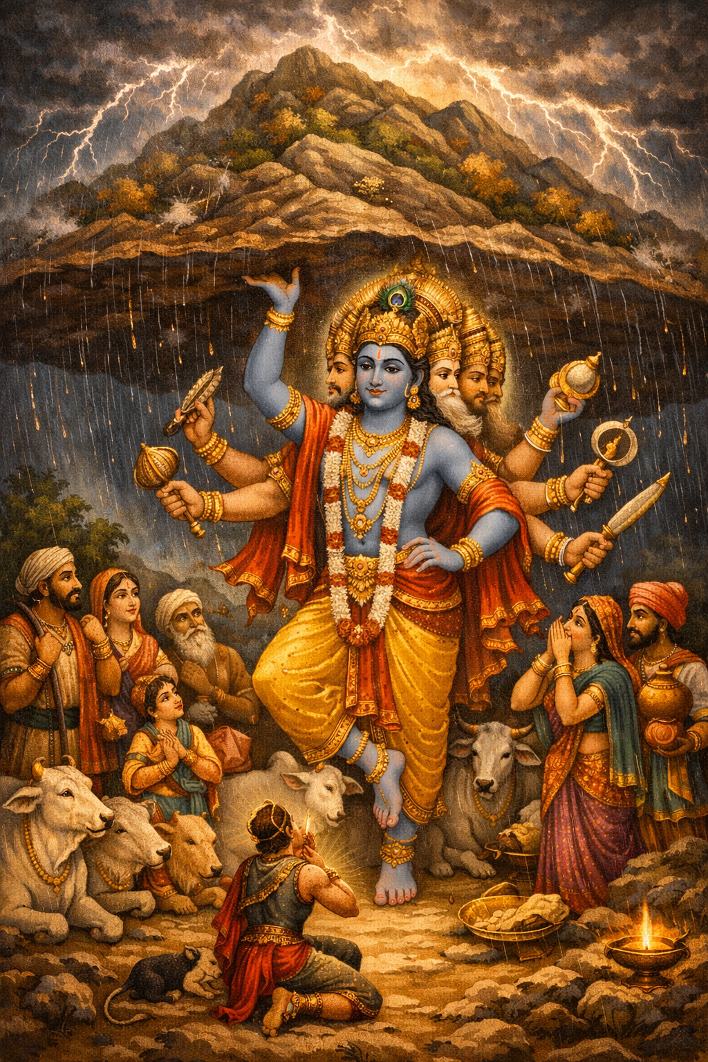 Lord Krishna lifting Govardhan mountain with one finger to shelter villagers and cows from Indra storm