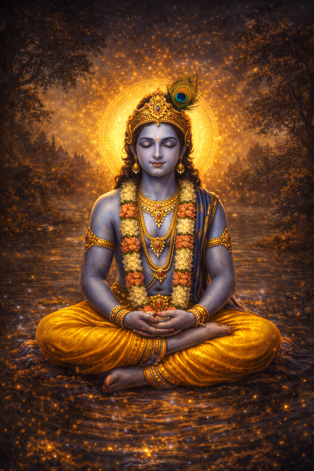 Lord Krishna seated in deep meditation, blue skin, peacock feather crown, yellow dhoti, cosmic energy radiating, Yamuna river and Vrindavan forest, golden aura -- HD wallpaper