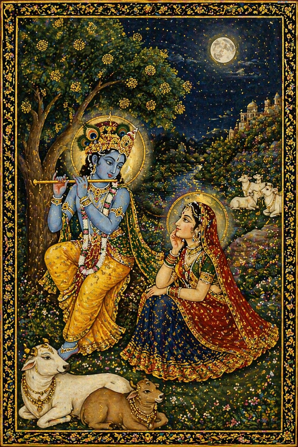 Krishna and Radha in Rajasthani miniature art style under moonlit sky with cows and Kadamba tree