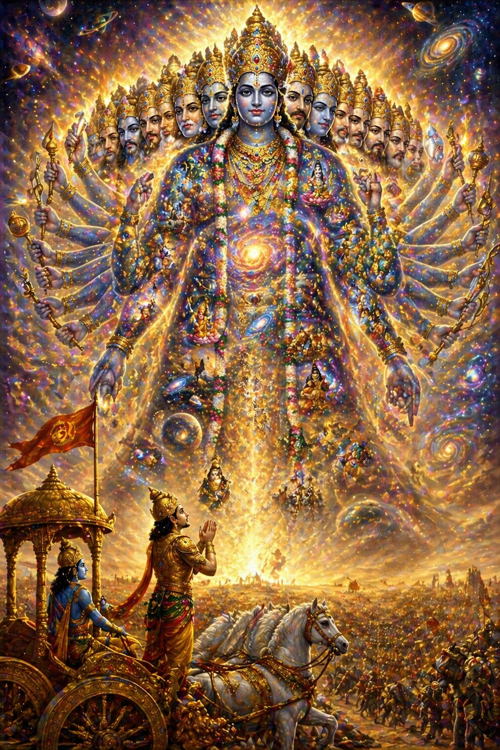 Arjuna overwhelmed by Krishna Vishwarupa cosmic form with multiple heads arms and celestial light
