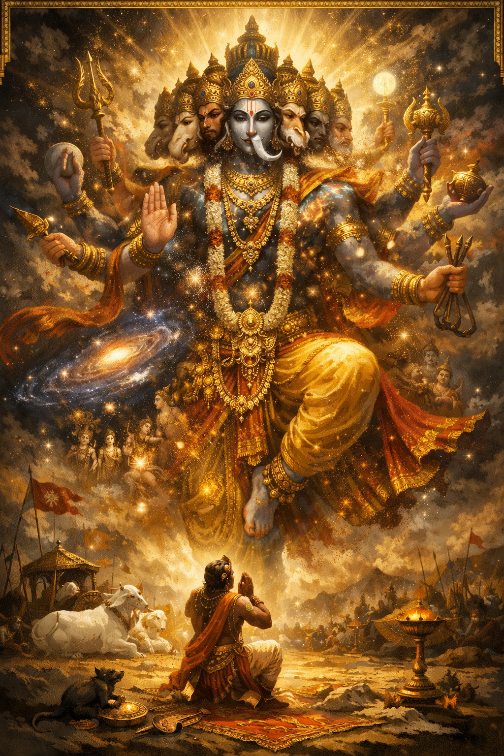 Lord Krishna showing Vishwarupa cosmic universal form with multiple heads and arms to Arjuna on Kurukshetra battlefield