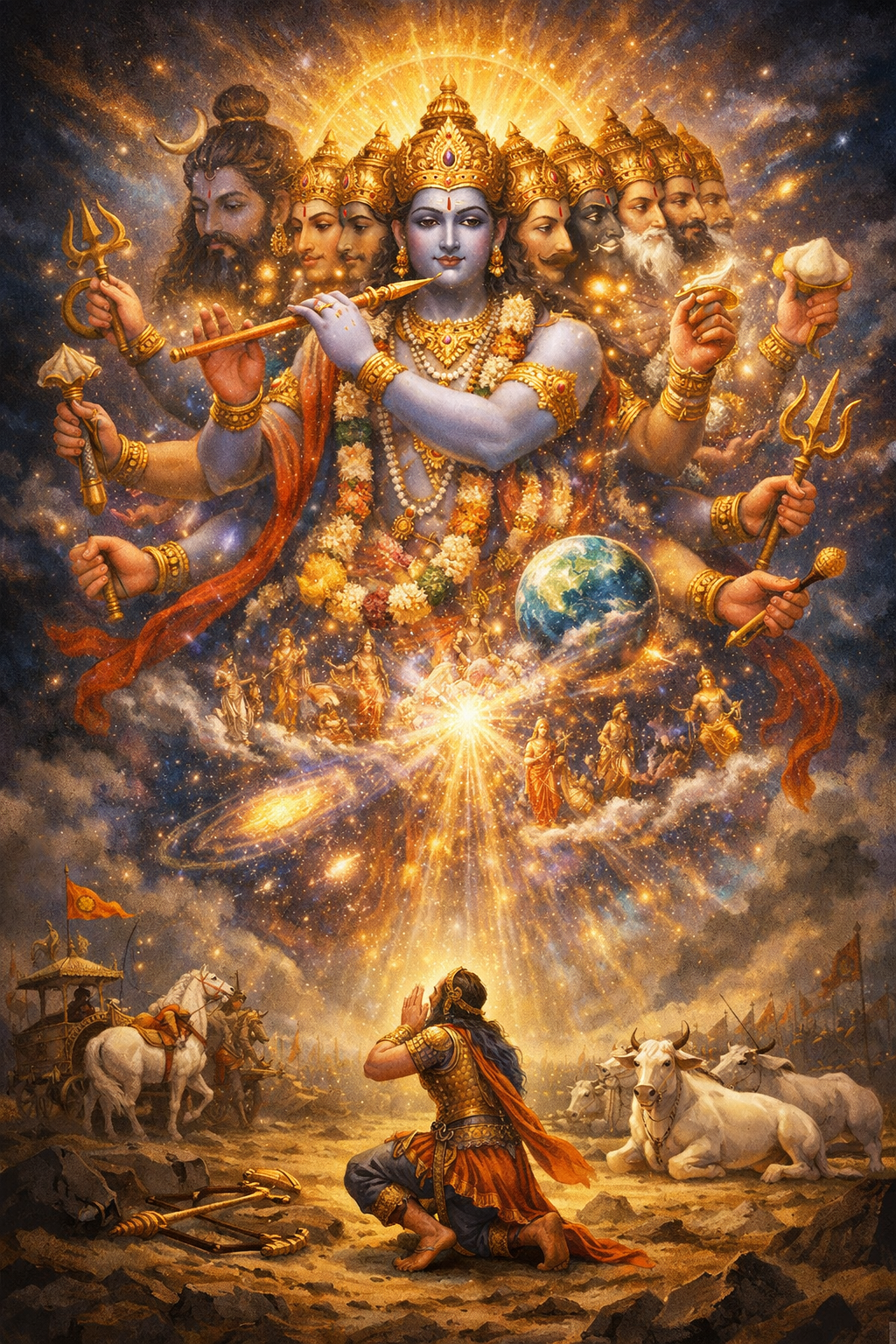 Krishna Vishwarupa divine form with galaxies and celestial beings visible within cosmic body