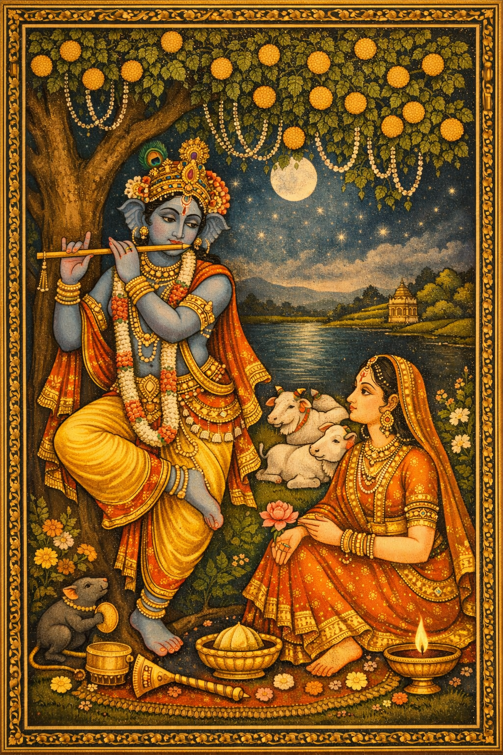 Lord Krishna playing flute under Kadamba tree in Rajasthani miniature painting style with Radha and full moon
