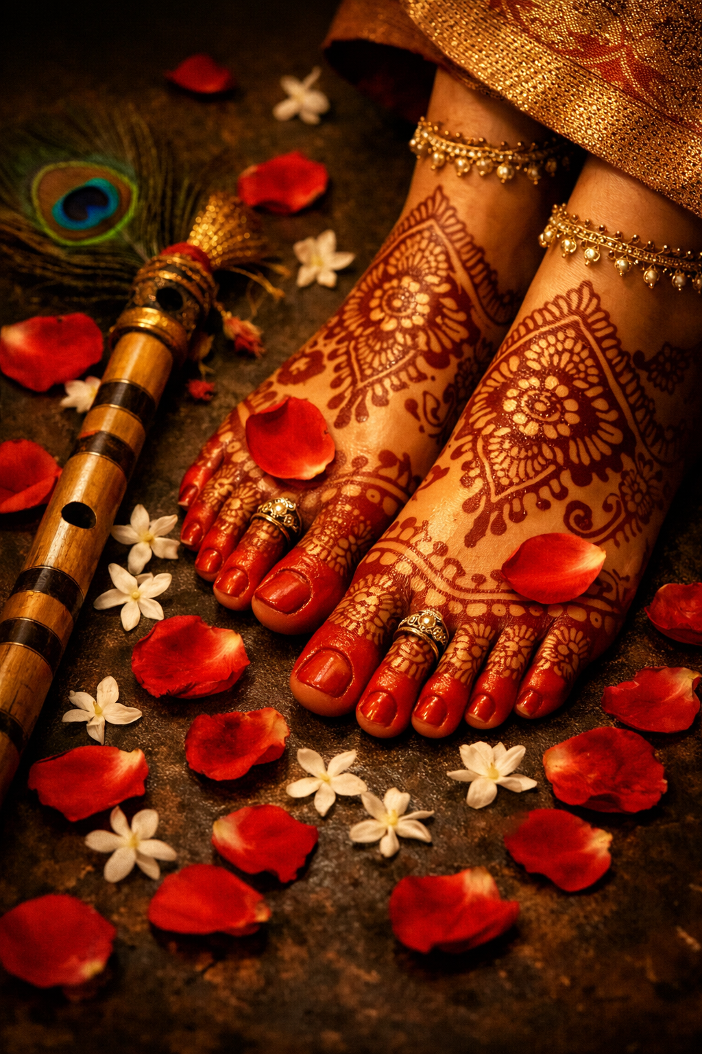 Radha's decorated sacred feet with Krishna's flute, jasmine flowers and rose petals on dark background