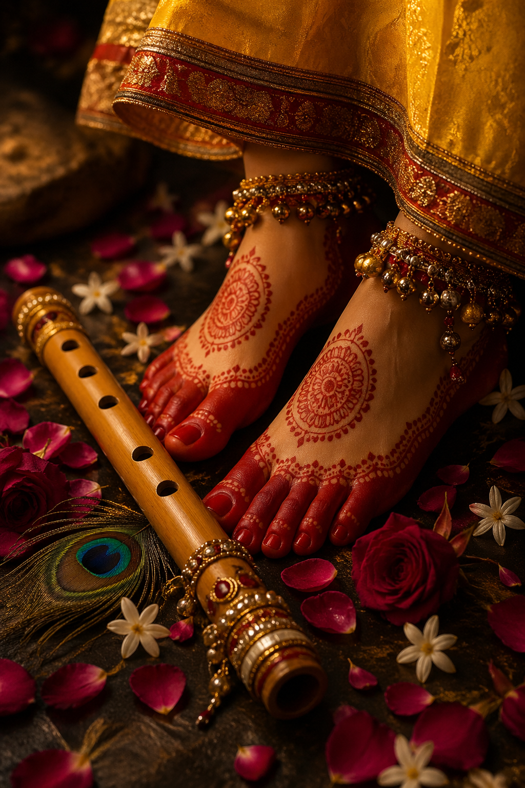 Close-up of Radha's decorated feet with alta and mehendi, Krishna's bamboo flute and rose petals beside them