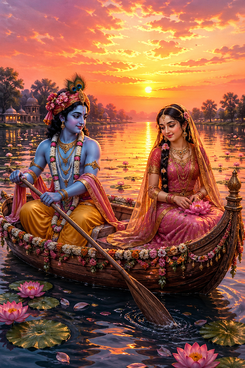 Radha and Krishna in a wooden boat on Yamuna river with lotus flowers at golden sunset