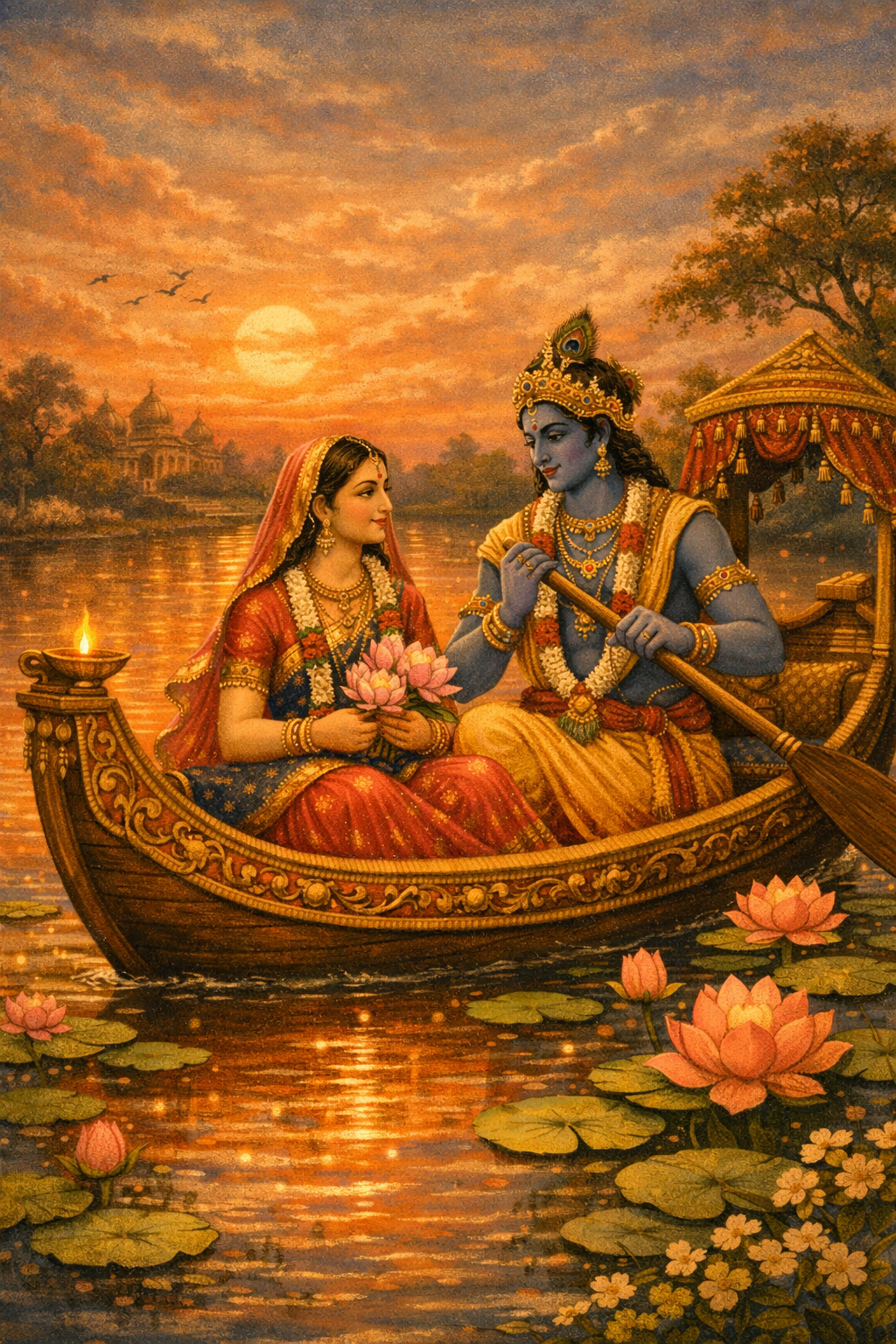 Radha and Krishna in a decorated boat on the Yamuna river at sunset with lotus flowers and lily pads