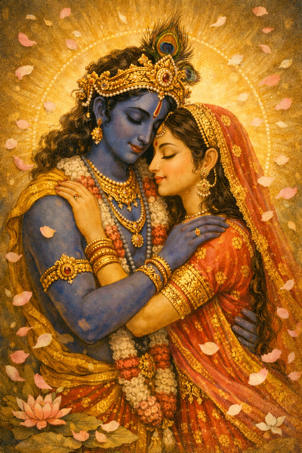 Radha and Krishna in sacred loving embrace with divine golden light and flower petals