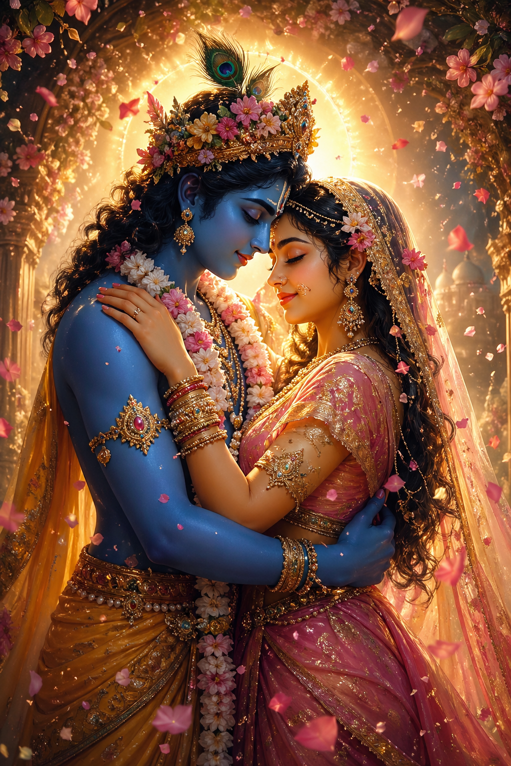 Radha and Krishna in divine embrace with foreheads touching, eyes closed, surrounded by flower petals and divine light