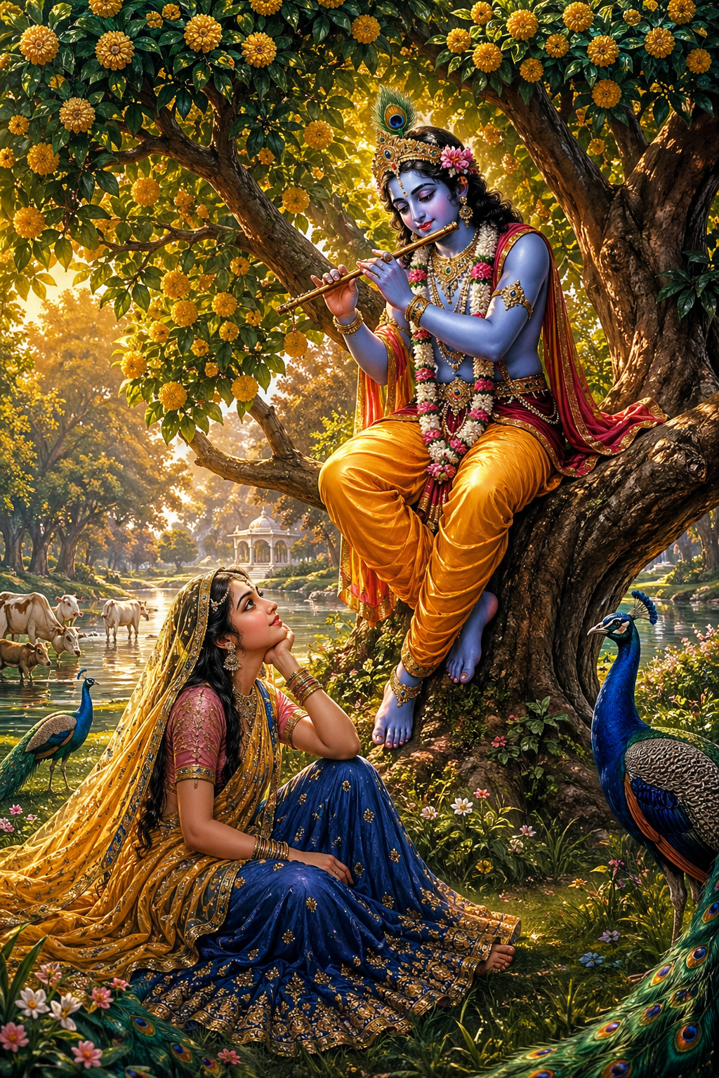 Krishna on Kadamba tree branch playing bansuri with Radha listening below, peacocks, golden afternoon light