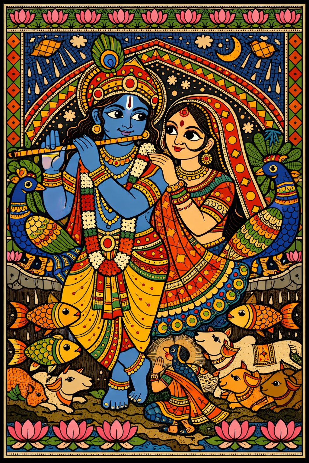 Radha Krishna in Madhubani folk art style with bold colors geometric patterns fish and peacock motifs