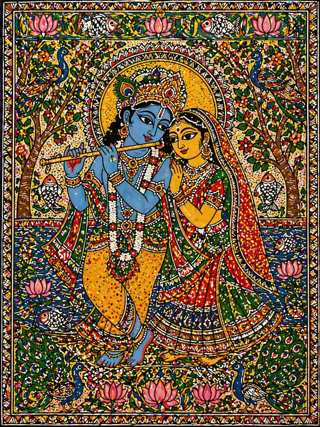 Radha Krishna in Mithila Madhubani art style with thick black outlines and colorful patterns from Bihar