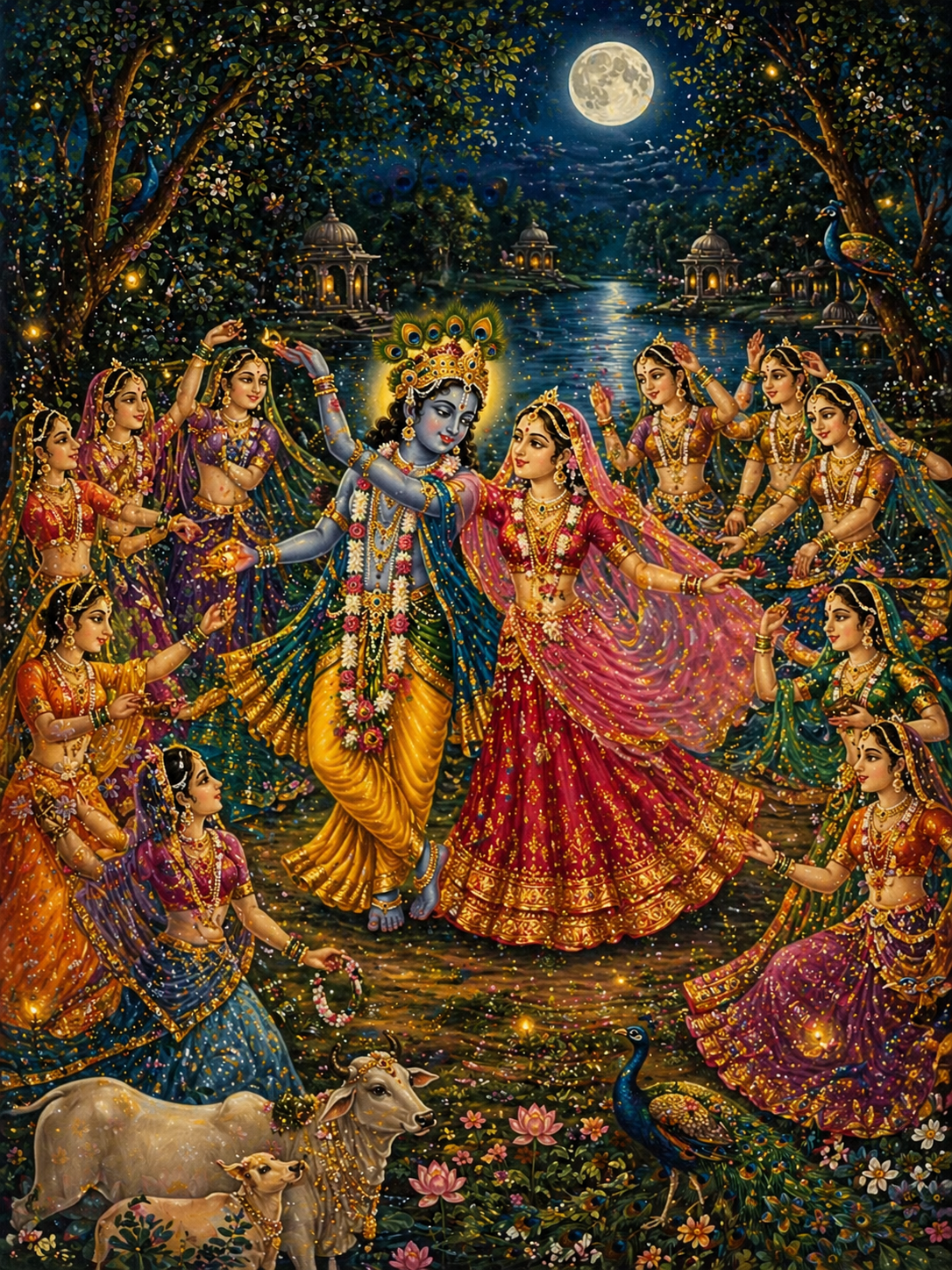Radha Krishna dancing together in Raas Leela under full moon, fireflies, Vrindavan forest