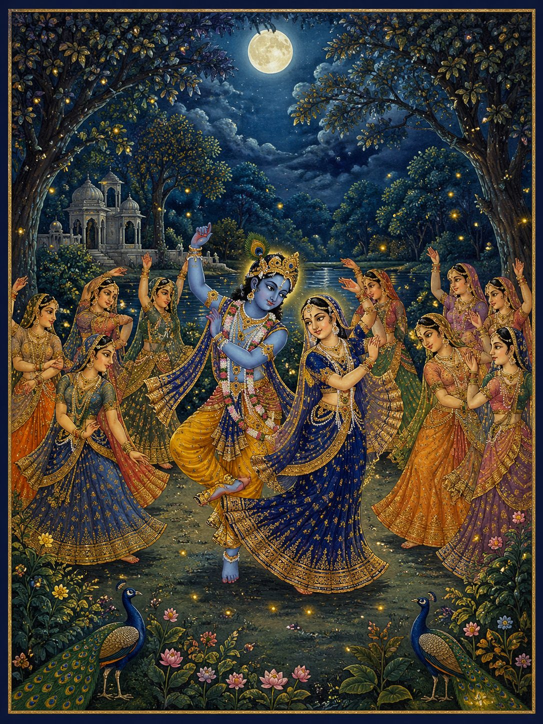 Enchanting Raas Leela scene of Radha and Krishna dancing in moonlit Vrindavan with fireflies