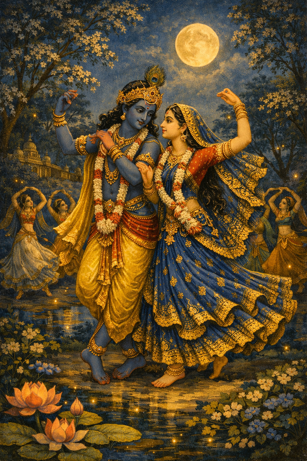 Radha and Krishna performing Raas Leela divine dance in moonlit Vrindavan forest clearing