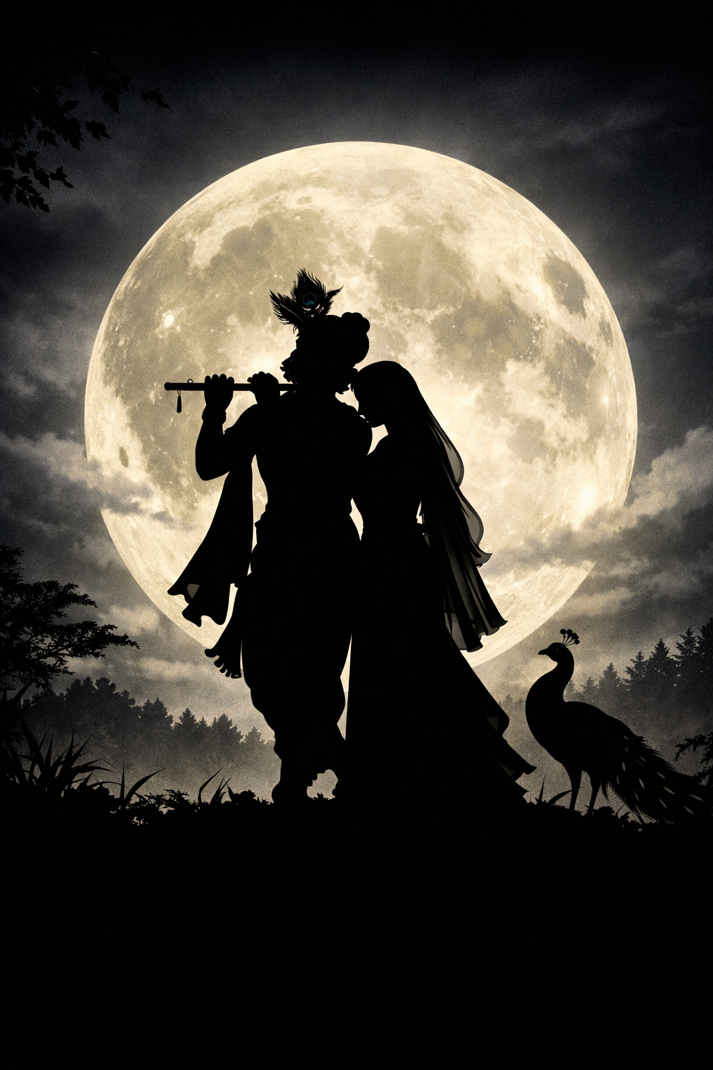 Romantic silhouette of Radha Krishna couple against bright full moon with Vrindavan forest outline