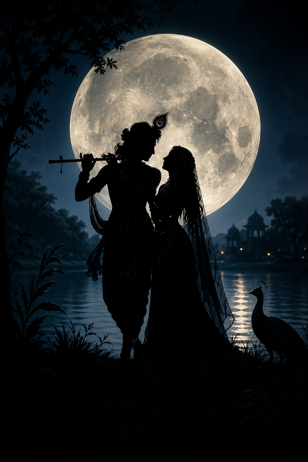 Black silhouettes of Radha and Krishna against full moon, Krishna playing flute, peacock nearby, dark forest