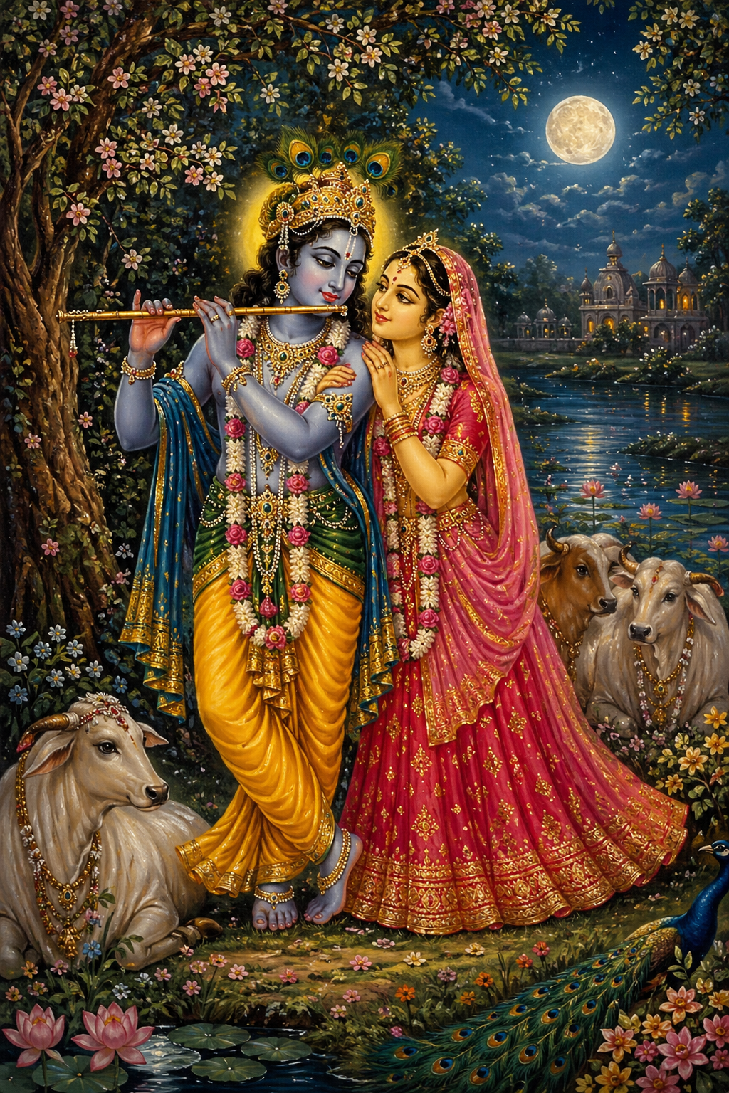 Radha on Krishna's left in Vrindavan garden with flowering trees, full moon, Yamuna river, devotional painting
