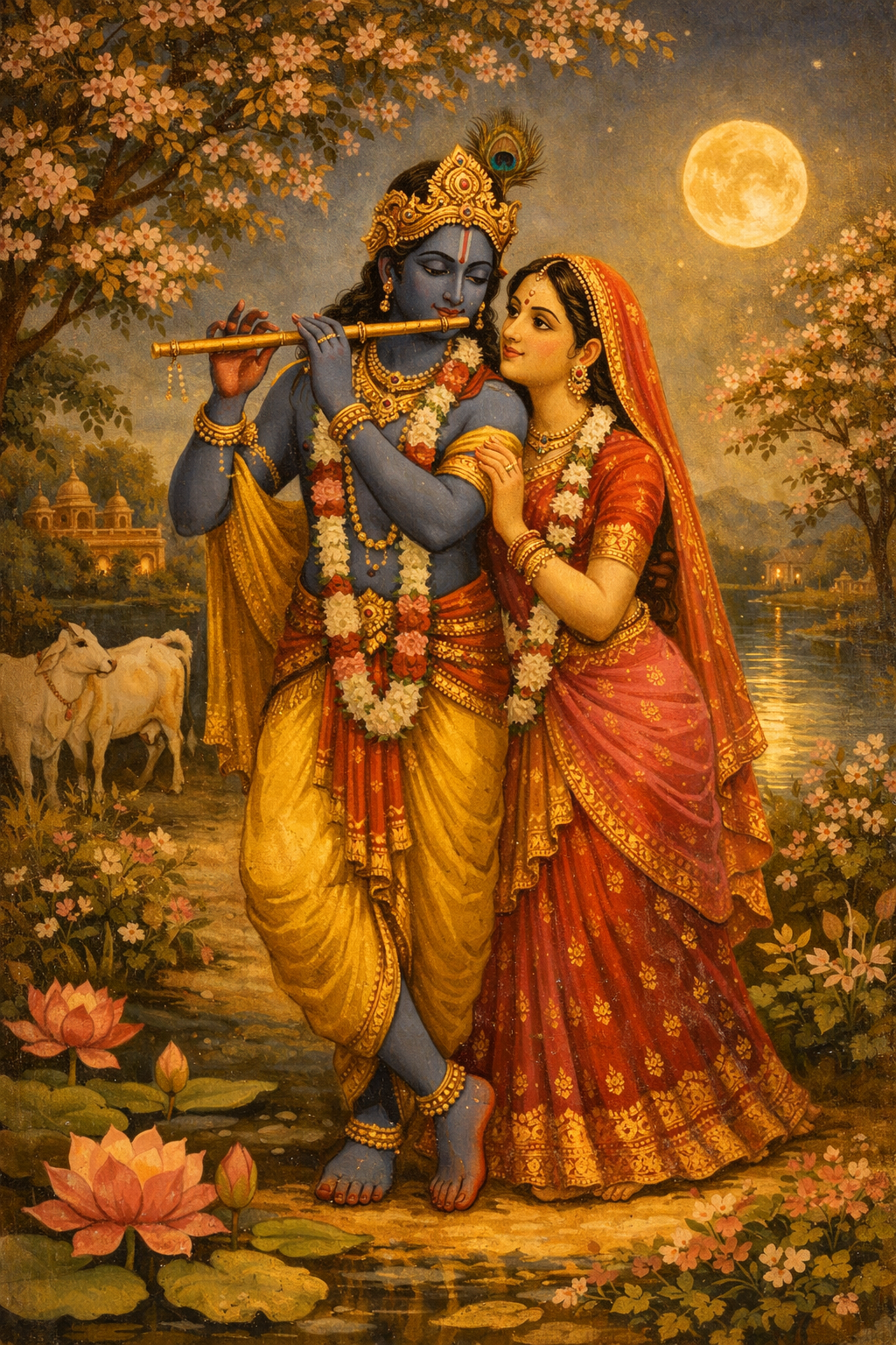 Radha and Krishna standing together in Vrindavan garden, Krishna playing flute, classical Indian miniature painting style