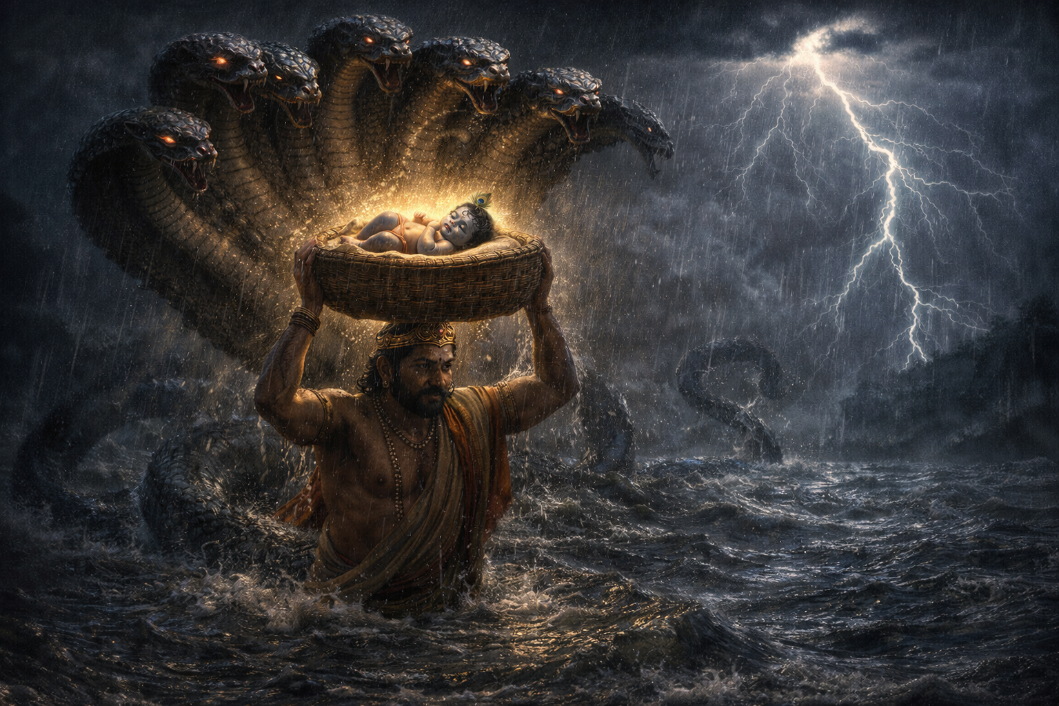 Vasudeva wading through chest-deep stormy Yamuna river holding basket with glowing newborn Krishna above his head, Shesha Nag five-headed serpent forming a protective hood above, lightning illuminating the dark stormy sky -- Janmashtami HD wallpaper