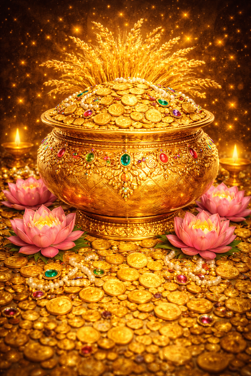 Ornate golden Akshaya Patra vessel overflowing with gold coins, jewels, and grain, lotus flowers — HD Akshaya Tritiya prosperity wallpaper