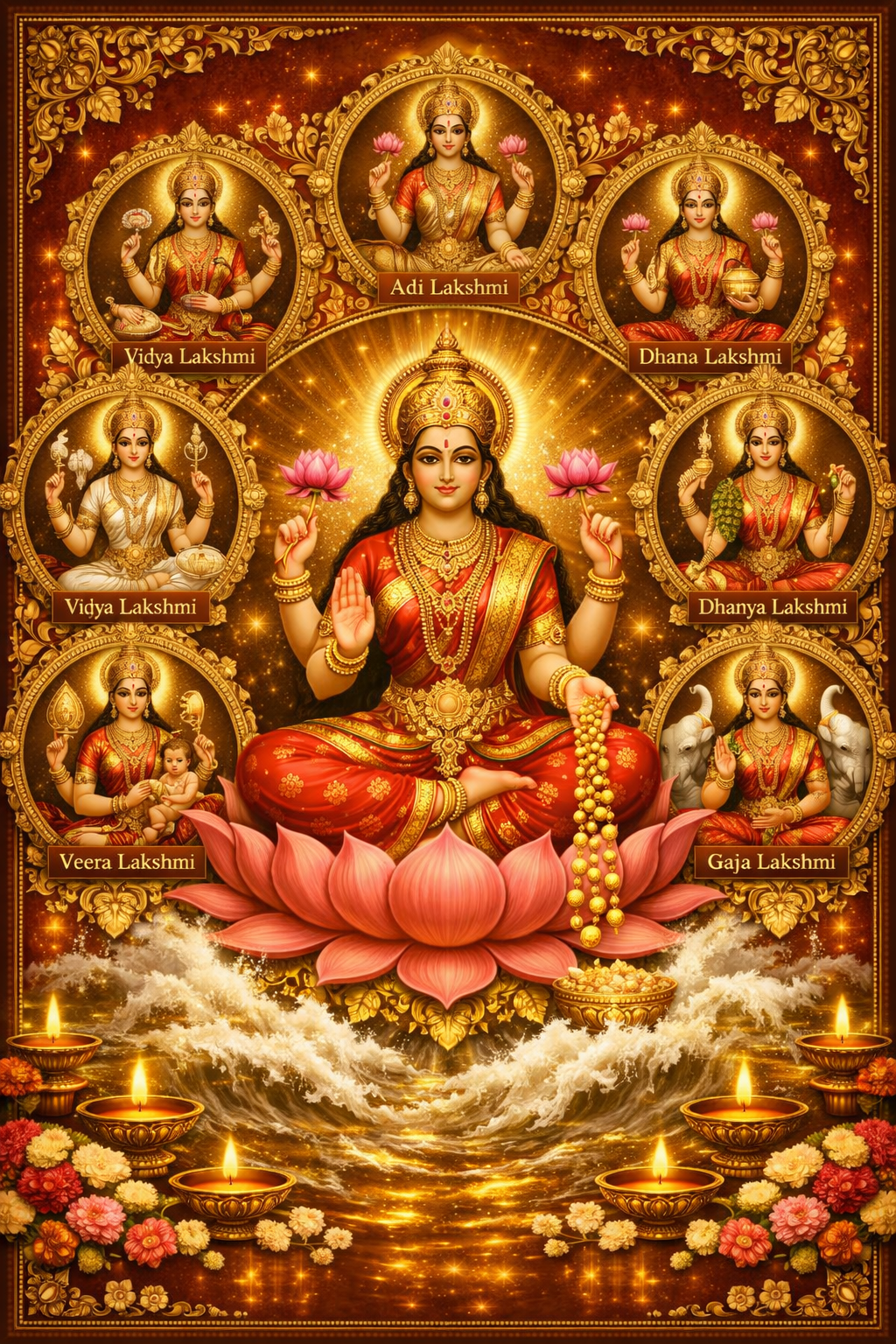 Ashta Lakshmi eight forms golden medallions Goddess Lakshmi central lotus throne devotional HD wallpaper crimson gold oil lamps